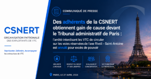 Visuel institutionnel de la CSNERT annonçant la décision du Tribunal Admistratif de Paris sur l'interdiction faite aux VTC d'emrpunter la rue de RIvoli
