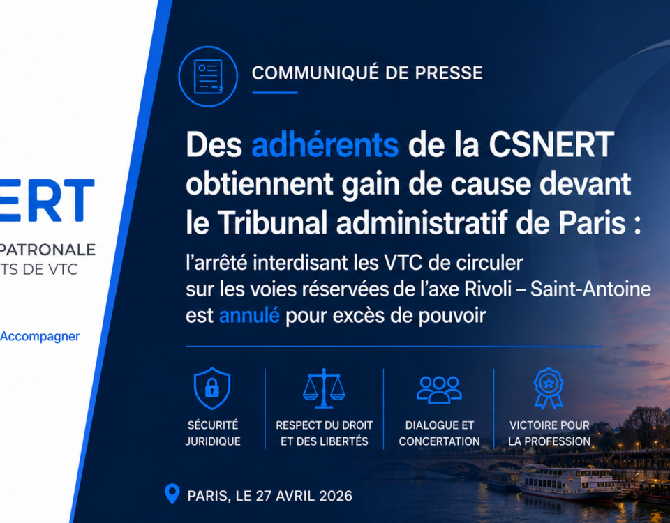 Visuel institutionnel de la CSNERT annonçant la décision du Tribunal Admistratif de Paris sur l'interdiction faite aux VTC d'emrpunter la rue de RIvoli