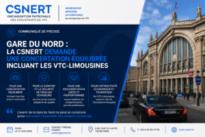 Visuel du communiqué de presse de la CSNERT demandant une concertation équilibrée sur les futurs aménagements de la Gare du Nord afin de préserver l'accès des VTC-Limousines et la qualité de service aux voyageurs.