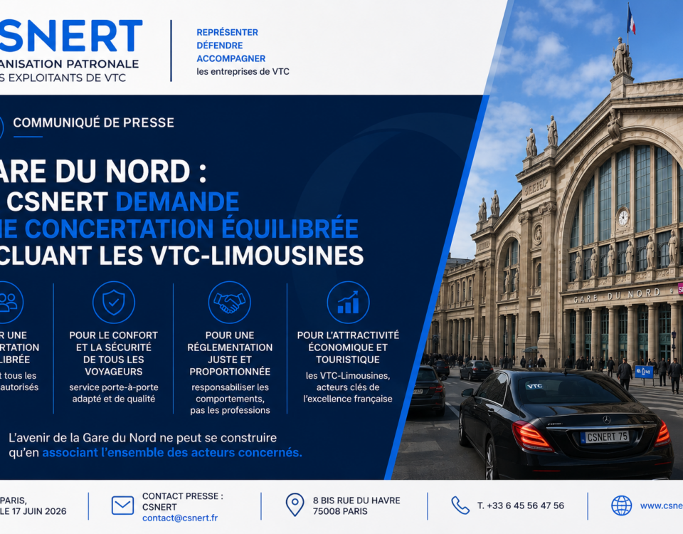 Visuel du communiqué de presse de la CSNERT demandant une concertation équilibrée sur les futurs aménagements de la Gare du Nord afin de préserver l'accès des VTC-Limousines et la qualité de service aux voyageurs.
