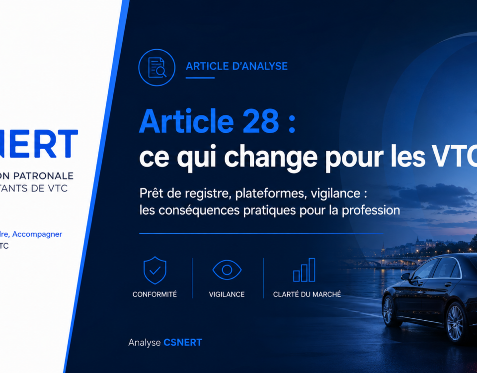 Visuel CSNERT présentant une analyse de l’article 28 de la loi relative à la lutte contre les fraudes sociales et fiscales et ses conséquences pour le secteur des VTC.