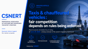 CSNERT analysis graphic on fair competition between taxis and private hire vehicles following the Paris Economic Activities Court ruling of 29 June 2026.