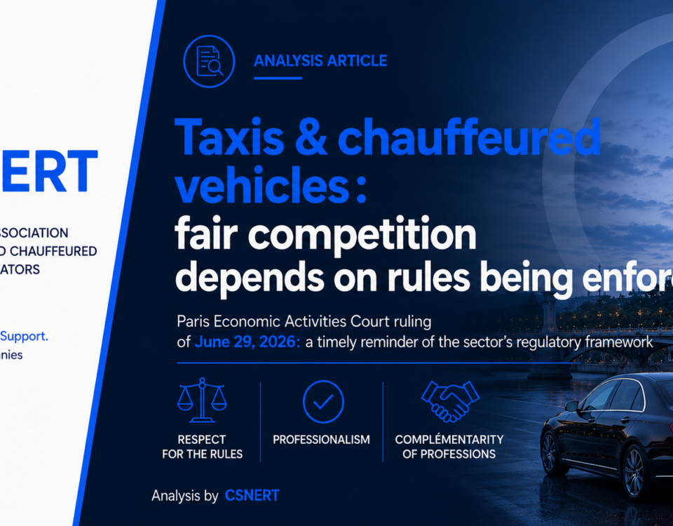 CSNERT analysis graphic on fair competition between taxis and private hire vehicles following the Paris Economic Activities Court ruling of 29 June 2026.
