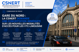 Visuel de la CSNERT demandant une concertation immédiate sur les nouvelles modalités de dépose et de prise en charge des voyageurs par les entreprises de VTC-Limousine à la Gare du Nord.